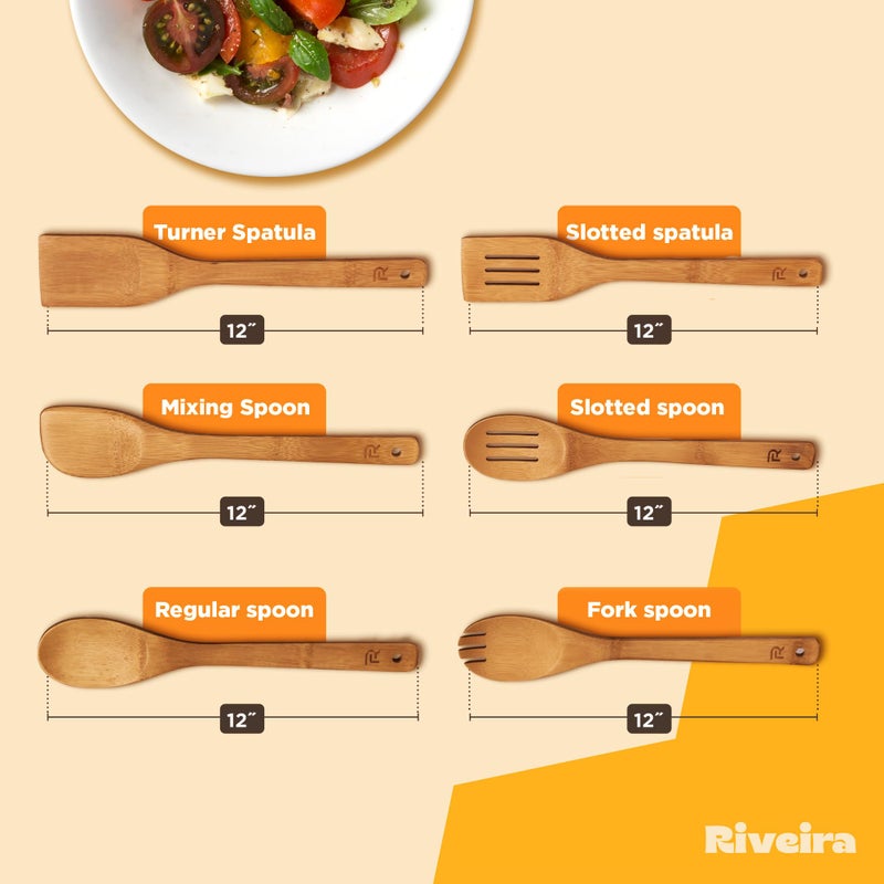 Riveira Dark Bamboo Wooden Spoons for Cooking 6-Piece  Apartment Essentials Wood Spatula Spoon Nonstick Kitchen Utensil Set Premium Quality Housewarming Gifts for Everyday Use - Image 5